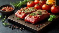 Raw beef steaks seasoned with herbs, spices and peppercorns on wooden cutting board with fresh cherry tomatoes, rosemary and basil leaves in dark setting.
