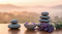 Zen spa stones balanced with lavender flowers and candle creating peaceful meditation atmosphere for wellness relaxation and mindfulness practices.