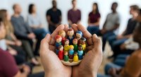 Hands holding diverse wooden figurines representing community unity and inclusion with blurred group of people in background for teamwork concepts.