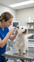 Female veterinarian in blue scrubs examining white terrier dog's ear with otoscope on metal examination table in clinical veterinary office setting.
