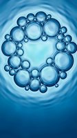 Blue water bubbles forming circular pattern with ripple effects for science education and molecular structure concepts.