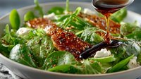 Fresh spinach salad with goat cheese, candied pecans and balsamic vinaigrette being drizzled from wooden spoon. Healthy green leafy vegetables meal.