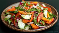 Fresh garden salad with sliced cucumber, bell peppers, red onion and arugula leaves served on rustic ceramic plate, healthy vegetarian meal on dark background.