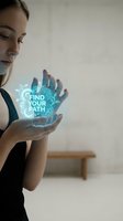 Young woman with light skin tone and blonde hair holding glowing holographic display in her hands with motivational text for career guidance, personal development, and future planning concepts.