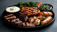 Grilled meat platter with assorted sausages, chicken, and pork served with fresh vegetables, herbs and creamy dipping sauces on dark plate against moody background.