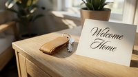 Welcome Home card with house keys on wooden table, warm interior background with green plant, real estate and moving concept.
