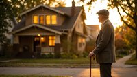 Elderly man with walking cane standing outside suburban home at sunset, contemplating residential neighborhood with warm golden light filtering through trees.