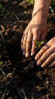 Elderly hands gently protecting young green seedling sprouting from rich dark soil in garden, symbolizing growth, care, nurturing and environmental conservation.
