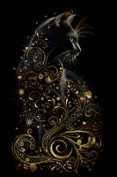 Mystical black cat silhouette with golden ornamental swirls and floral patterns on dark background, magical fantasy art style for decorative designs.