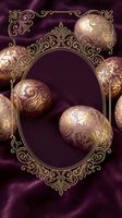 Elegant ornate golden frame with decorative Easter eggs on luxurious purple velvet background for holiday greeting cards and festive designs.