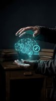 Caucasian male hands holding glowing digital brain with gears and sense of purpose icon, representing artificial intelligence, innovation, and business strategy concepts.