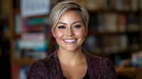 Young Hispanic woman with short blonde pixie haircut and bright smile wearing burgundy sweater against blurred bookshelf background, professional headshot style portrait.