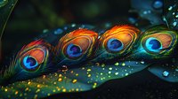 Vibrant peacock feathers with water drops on dark background, glowing blue eyes pattern illuminated by golden bokeh lights and morning dew creates magical mood.