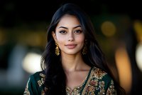 Young South Asian woman wearing traditional green and gold embroidered dress with ornate earrings smiles confidently at camera against soft bokeh background.