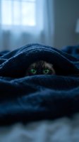 Curious cat with glowing green eyes peeking out from under a dark blue blanket on a bed in moody blue light.