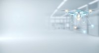 Drone with connected network nodes flying in modern office environment, representing technology, connectivity, and digital innovation for business solutions.