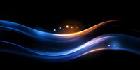 Glowing blue and orange light waves flow smoothly across dark background creating dynamic motion effect with luminous energy trails and sparkles.