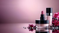 Luxury cosmetics arrangement with pink lipstick, foundation bottle and face cream jar against rosy background with flowers and water drops, elegant makeup setup.