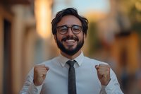 Successful Hispanic businessman celebrating victory with raised fists, wearing glasses and tie, expressing joy and achievement against urban background.