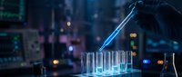 Scientist conducting laboratory research with test tubes and pipette in modern lab with colorful bokeh lights creating professional scientific atmosphere.