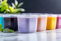Colorful yogurt cups in rainbow colors with fresh mint leaves on marble background, healthy breakfast concept for food blogs and lifestyle content.