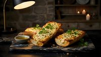 Freshly baked garlic bread slices with herbs on wooden board in cozy restaurant setting with warm lighting and rustic brick wall background.