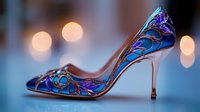 Elegant high heel shoe with intricate blue and purple floral embroidery pattern against soft bokeh background, showcasing luxury fashion footwear design.