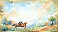 Two brown horses galloping through rolling countryside landscape with watercolor sky, ornate golden decorative border frame, suitable for children's book illustrations, greeting cards, and vintage-style wall art.