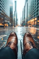 Brown leather oxford shoes on wet city street with raindrops and blurred urban skyscrapers background creating moody atmosphere on rainy day.