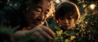 Elderly grandfather and young grandson exploring nature together, bonding over outdoor discovery and learning in golden sunlight through green foliage.