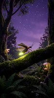 Glowing firefly on moss-covered branch in enchanted forest at twilight with purple starry sky and mushrooms creating magical fairy tale atmosphere.