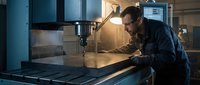 Skilled male machinist operating precision milling machine in modern industrial workshop with focused concentration and professional expertise.