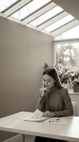 Professional businesswoman reading documents in modern office with natural skylight creating contemplative workspace atmosphere for corporate presentations.