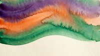 Abstract watercolor waves in vibrant purple, orange and green hues flowing across textured paper background for creative design projects.