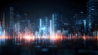 Futuristic night cityscape with glowing neon lights reflecting on water surface, modern skyscrapers silhouettes and bright illuminated vertical beams creating digital atmosphere.