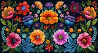 Vibrant folk art floral composition with colorful blooms in orange, pink, purple and blue against dark background, featuring decorative garden flowers and leaves.