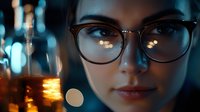 Young Asian woman in glasses illuminated by warm candlelight and cool blue bokeh background, creating mysterious atmospheric portrait with dramatic lighting effects.