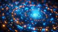 Futuristic digital technology concept with glowing blue and orange circular pattern. Abstract background for artificial intelligence, quantum computing and data visualization themes.