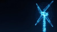 Digital wind turbine with glowing blue wireframe design on dark background. Renewable energy technology concept for sustainable power generation presentations.