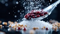 Fresh red cranberries on silver spoon with scattered sugar crystals and nuts against dark background, dramatic food photography with bokeh effect.