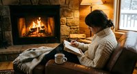 Woman in cozy sweater reading book by fireplace with warm lighting and comfortable home atmosphere during winter relaxation time.
