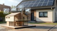 Smart home technology concept with wooden house model and digital icons representing security, energy efficiency, and automation systems.