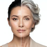 Split face comparison showing aging process from young to mature woman with natural skin changes and gray hair transformation on white background.