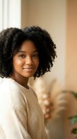Young African American woman with natural curly hair smiling warmly in cozy cream sweater at home. Authentic lifestyle portrait for wellness and happiness content.