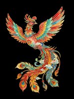 Ornate phoenix bird with vibrant red, gold, and turquoise plumage, isolated on transparent background. Ready for t-shirt designs, clipart, stickers, sublimation, and print-on-demand products.