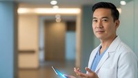 Professional Asian male doctor in white coat holding tablet in modern hospital corridor with warm lighting and contemporary medical facility background.