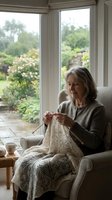 Senior woman knitting cream-colored garment while seated in armchair by large windows overlooking blooming garden. Peaceful hobby and relaxation concept for lifestyle and wellness content.