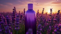 Purple glass bottle in blooming lavender field at sunset with warm golden light and flying birds creating peaceful aromatherapy wellness scene.