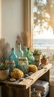 Coastal home decor arrangement with succulents, vintage glass bottles, sea sponges and driftwood on rustic wooden shelf by sunny window for interior design.