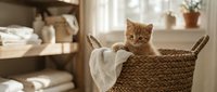 Ginger tabby cat sitting in woven basket with white cloth in bright bedroom with natural light and shelving.